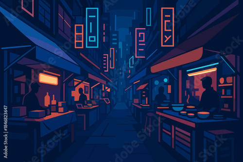 Night market scene with vendors selling food and drinks in an urban area