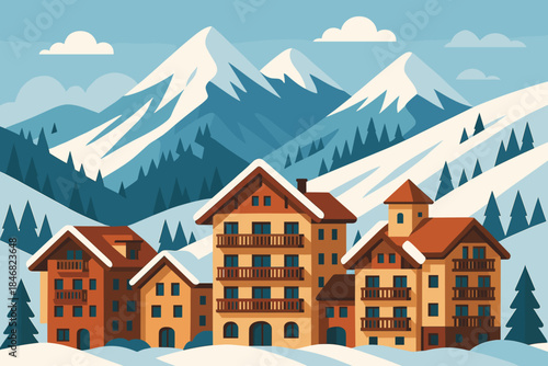 Mountain scene with buildings in snowy landscape under blue sky and clouds during daytime
