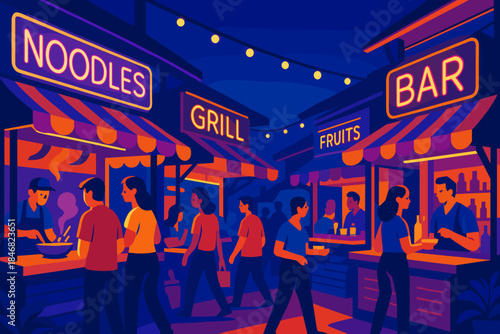 Food stalls serve different dishes at a night market with colorful lights and busy customers enjoying local food and drinks