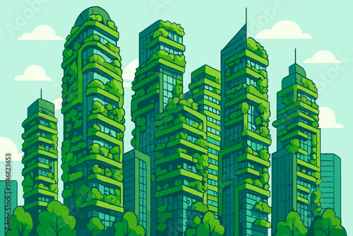 Modern buildings covered with greenery in a cityscape during daytime