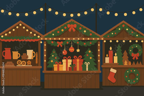 Colorful Christmas market stalls with decorations and gifts at night during the holiday season