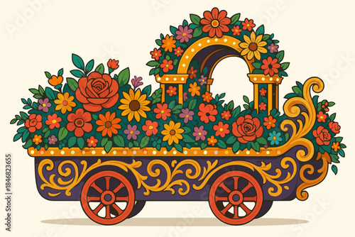 Colorful flower cart with various flowers and designs displayed in a simple style