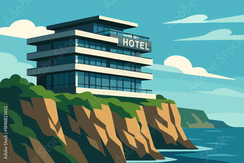 Hotel located on a cliff by the ocean with clear sky and calm sea