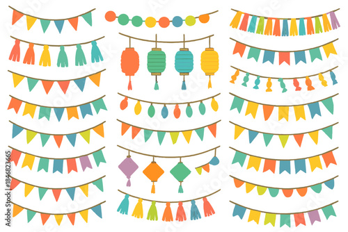 Colorful decorations and festive banners for parties and celebrations in various shapes and sizes