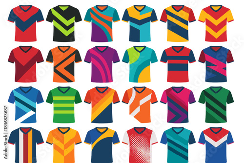 Many colorful sports shirts displayed on a flat surface with different patterns and designs in various colors and styles