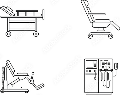 A comprehensive set of minimal line icons illustrating essential medical and hospital equipment, including adjustable beds, examination chairs, and specialized healthcare machinery.
