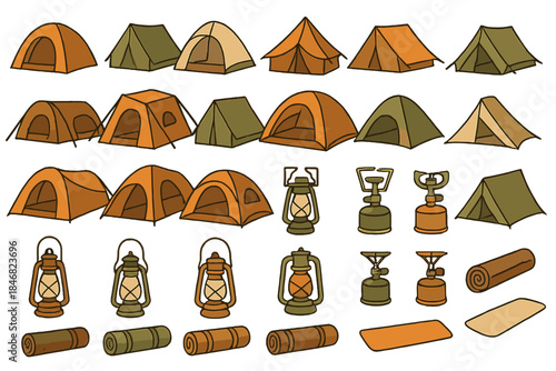 Collection of camping gear with tents, lanterns, and sleeping mats for outdoor adventures and activities