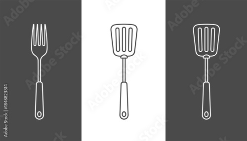 Minimalist black and white line art vector graphics of essential kitchen utensils, including a dining fork and various slotted spatulas for cooking, grilling, and food preparation.