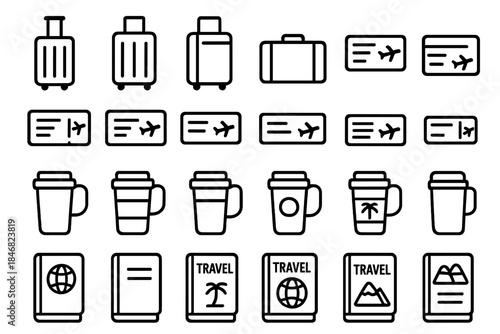 Travel items arranged in a grid showing bags, tickets, drinks, and travel books