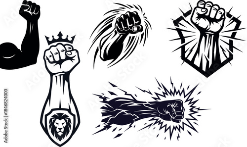 Raised Fist and Punching Arm Vector Silhouette Set - Power, Strength, and Resistance Symbols