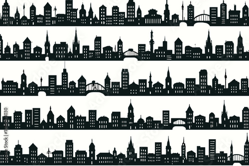 City skyline design featuring various buildings and structures in rows on a plain background