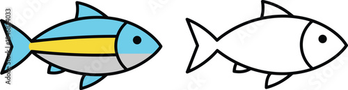 Stylized vector illustration of a marine fish in both full color and black-and-white outline versions, representing aquatic wildlife, fresh seafood, and underwater ecosystems.