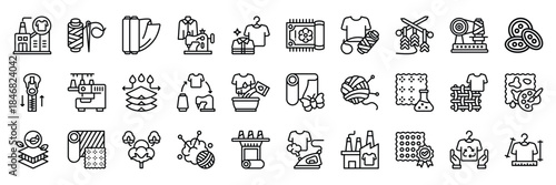 Textile Industry icon collection line style. containing Textile Industry, Thread, Fabric, Sewing Machine, Clothes, Rugs, Nylon, Knitting, Thread Production, Buttons, Zipper, Industry, business