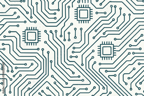 Circuit board design shows connections and components across a uniform surface with multiple paths and nodes forming a complex pattern