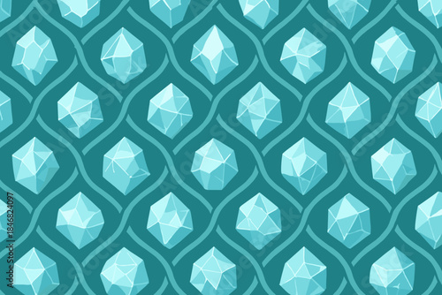 Pattern of light blue geometric shapes on a textured green background with regular spacing and repetition across the design