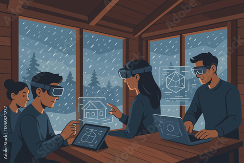 Group of people using virtual reality in a cabin as it rains outside during winter months
