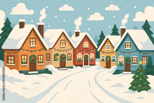 Snow-covered houses with decorations in a winter scene during the holiday season