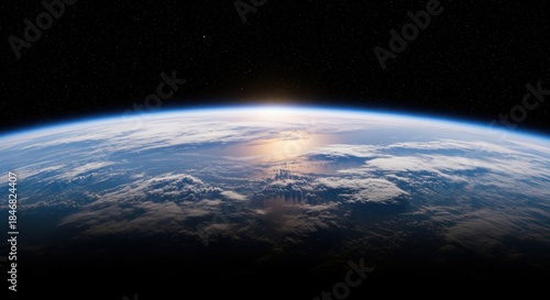Earth viewed from space showing curved edge with bright sunlight breaking over clouds. Blue atmosphere glows against dark space. Perfect for climate, global, and planet themes.