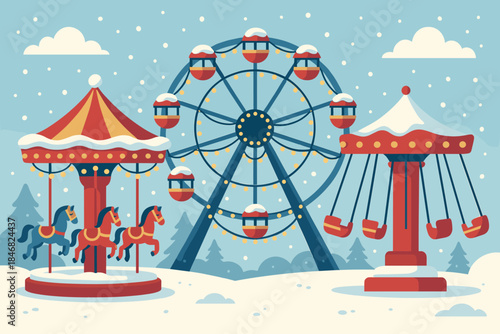 Winter carnival scene with rides and snow in a festive park setting during holiday season