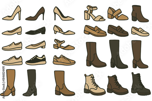 Different types of shoes including heels, flats, boots, and sneakers displayed in a grid format on a white background