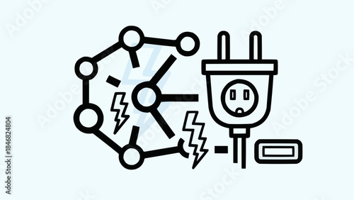 Electrical energy network connection with a plug and lightning strikes symbolising power and disruption