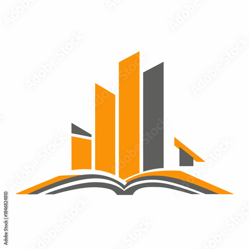 Abstract book and city skyline icon. Modern graphic for education, knowledge, business growth, finance, real estate, and urban development.