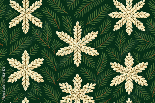 Snowflake pattern design with green background and pine branches on a winter theme fabric