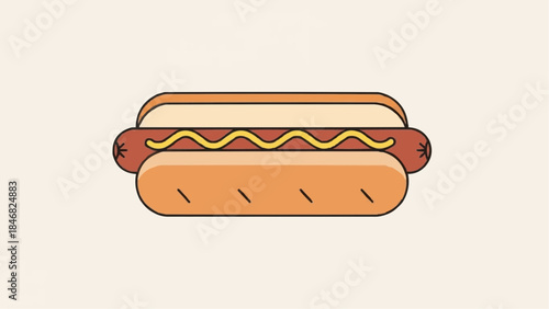 A digitally illustrated hotdog with mustard on a bun viewed from the side
