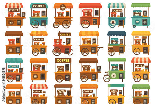 Coffee vendor carts in different styles at a market venue with a variety of colors and designs for customers to enjoy