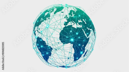 Abstract digital globe illustration showcasing a complex network of glowing lines and interconnected nodes, symbolizing global communication, technology, and worldwide data exchange