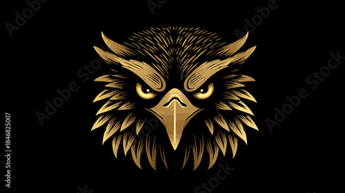 Majestic golden owl head illustration with piercing yellow eyes on a black background, symbolizing wisdom and strength