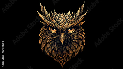 Majestic golden owl head illustration with intricate feathered details on a stark black background. Stylized artistic bird of prey artwork.