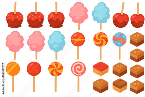 Candy treats on sticks arranged in colorful rows at a fair during the day