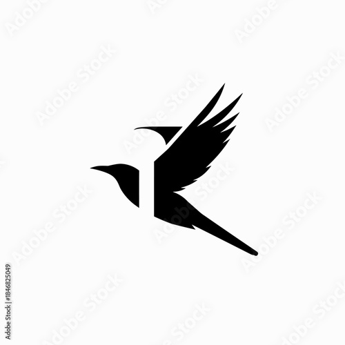 Modern minimalist black bird flying graphic design, elegant abstract animal symbol with integrated letter R initial concept.