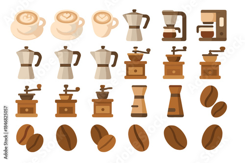 Various coffee-related items including cups, machines, grinders, and coffee beans in simple design