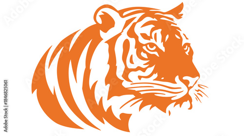 Stylized orange tiger head illustration on white background. Majestic wild animal, powerful predator, big cat vector graphic.