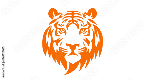 Powerful orange tiger head illustration, stylized vector graphic on white background. Wild animal symbol for strength, energy, and wildlife design.