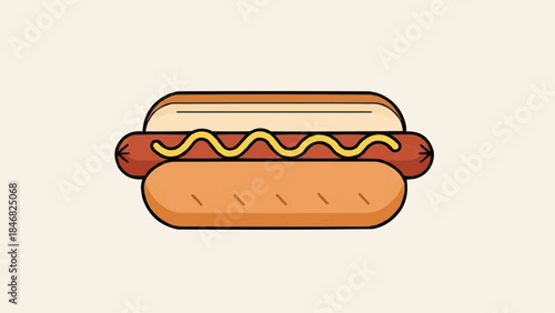 Stylized Vector Illustration of a Classic Hot Dog with Mustard, Presented in a Clean and Modern Flat Design Style, Ideal for Menus, Websites, and Fast Food Promotions