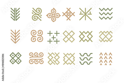 Patterns of shapes and lines arranged in a grid on a white background for design use and inspiration