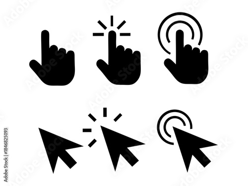 Click icon vector, Mouse pointer arrow, Computer click icon set. Computer mouse click cursor icon set. Hand click icon, vector illustration.