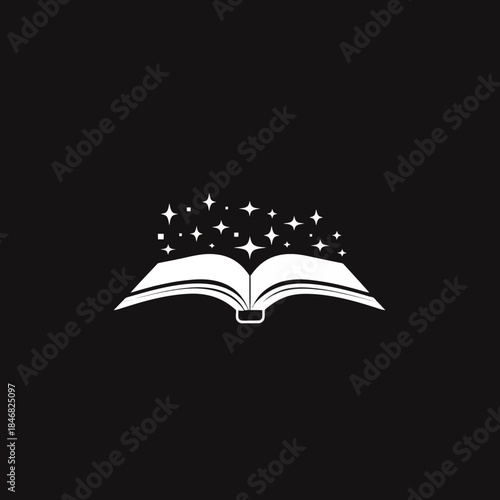 Magical open book with sparkling stars, vector illustration symbolizing imagination, fantasy, wisdom, and storytelling on black.