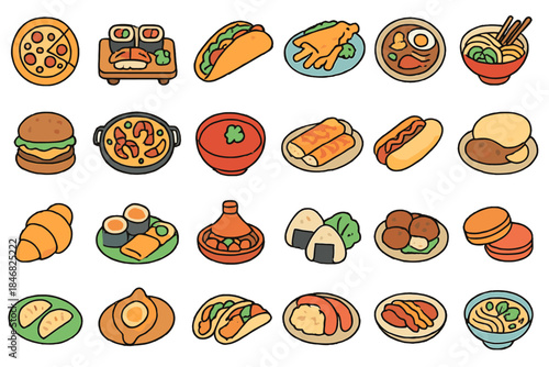 Different types of food dishes on a white background arranged in a creative way