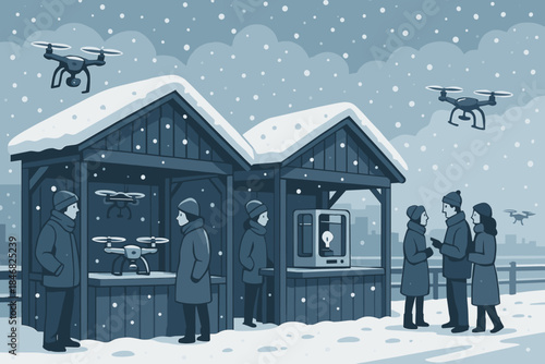 People gather at drone market stalls in winter scene with snow and flying drones above