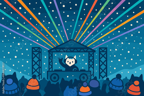 DJ cat entertains crowd at night concert with colorful lights and snow falling in a winter scene