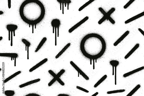 Black spray paint patterns on white background show circles, lines, and crosses in random arrangement capturing urban art style
