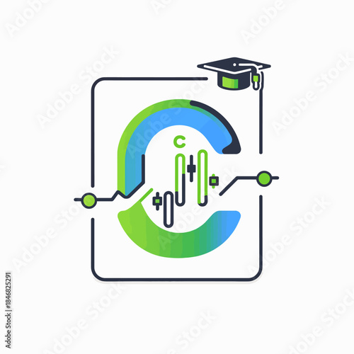 Financial education concept with letter C, candlestick chart, and graduation cap representing trading, learning, and market analysis.