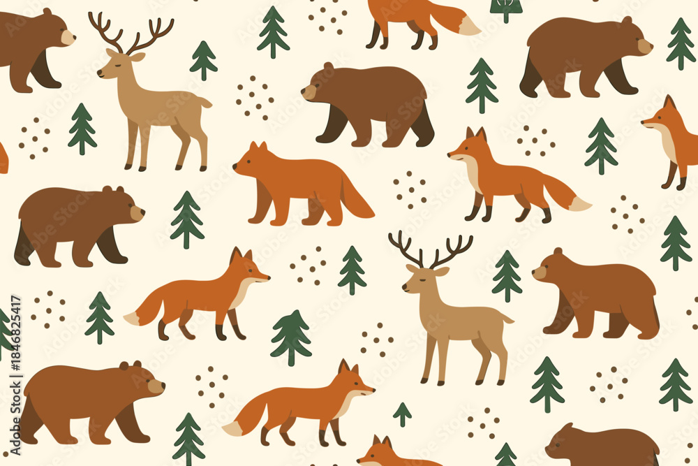 Obraz premium Wild animals in a forest setting with deer, bears, and foxes in various poses on a light background