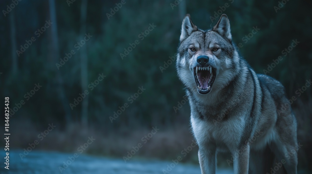 Fototapeta premium Snarling Wolf in Dark Forest Night