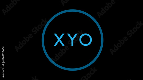 Modern glowing blue text inside a sleek circular frame on a dark black background, abstract digital technology design concept.