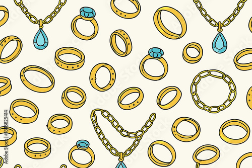 Jewelry pattern with rings, necklaces and earrings shown in colorful design for crafts and decor